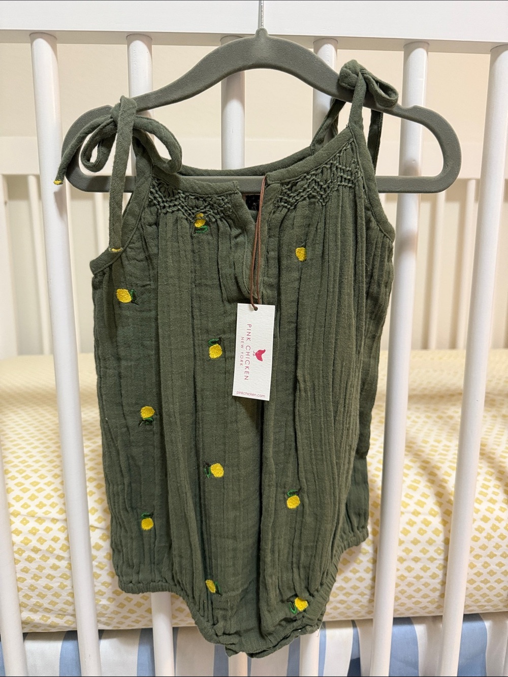 Pink Chicken Olive Green Muslin Romper with Yellow Lemon Embroidery